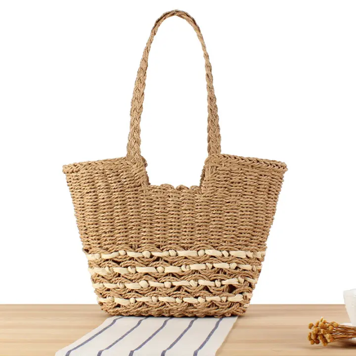 Cuerda de papel hueca con bolsa de hombro individual cóncava de gran capacidad, bolsa tejida de paja para fotos de vacaciones en la playa - 1