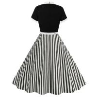 Elegante Vestido Corto con Cuello de Pañuelo Vintage Hepburn Manga Corta, Detalles de Lazo, Negro y Rayas Perfecto para Fiestas Retro - details 1