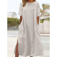 Vestido largo de talla grande para mujeres europeas americanas, informal, sencillo, suelto, atmosférico de algodón y lino - details 4