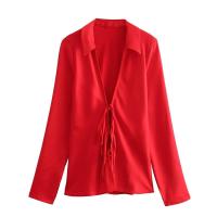 BUNO-Camisa con cordones y lazo con cuello en V, camisas de gasa con solapa de manga larga y textura satinada de seda, blusa holgada informal a la moda, cárdigan, Top para mujer - details 17