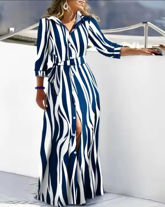 Vestido camisero para mujer, manga 2023, cuello vuelto, con cordones, estampado, Vestidos largos informales de moda de otoño - 1
