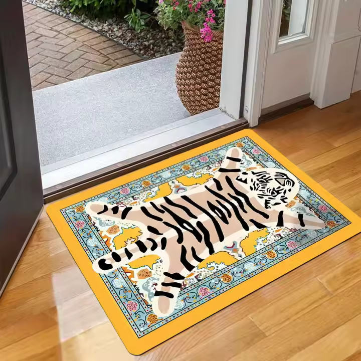 Alfombra de diseño de rayas de tigre, alfombrilla ligera antideslizante para puerta, impermeable, adecuada para baño/cocina, estilo retro, franela rectangular - 1