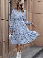 Vestido de manga larga de primavera para mujer, estampado elegante, cuello en V, informal, línea A, hasta la rodilla, cintura alta - details 4