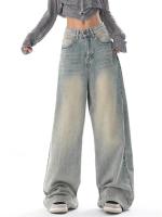 Vaqueros Finos Lavados Vintage para Mujer Pantalones Rectos de Cintura Alta de Estilo Casual - details 1