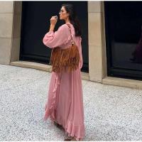 Vestido largo Irregular de gasa con volantes y escote en V profundo para mujer, Vestido holgado liso con mangas abullonadas elegantes, Vestido de calle alta para mujer 2025 - details 4