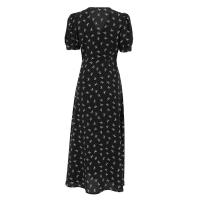 Vestido largo de estilo francés con estampado floral, pequeño, negro, otoño, nuevo, manga corta, cintura con abertura, corte en A - details 19