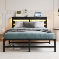 Marco de cama doble con estación de carga y luces LED, plataforma de metal resistente, marco de cama doble de 135 x 190 cm con cabecero de madera con almacenamiento, no necesita - details 0