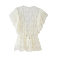 OUWU Elegante Top de Encaje para Mujer Cuello en V, Mangas Raglán con Volantes, Camisa Ajustada con Dobladillo Novedad de Primavera y Verano, Top Informal Elegante que Combina con Todo de Color Sólido - details 2