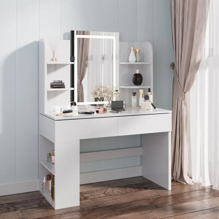 Tocador de Maquillaje con Espejo y Luz LED Regulable, Tocador de Maquillaje con 2 Cajones y 4 Estantes, Estante Inferior, Escritorio Moderno para Dormitorio, 90 x 40 cm, Blanco - 1