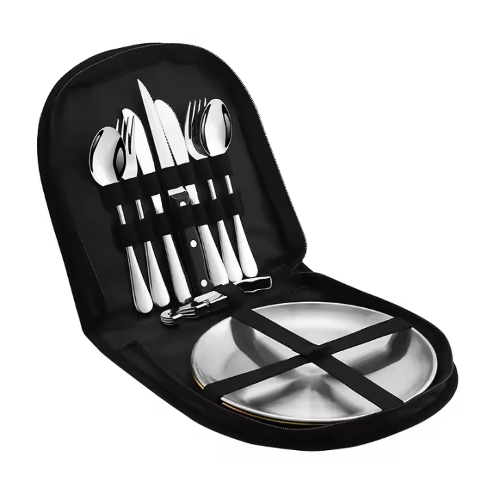 Juego de cubiertos portátil para acampada, de acero inoxidable, cuchillo para carne, juego de platos de tela - 1
