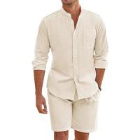 Conjunto Casual de Lino y Algodón Transpirable para Hombre Camisas y Pantalones Cortos con Botones y Cuello Levantado Estilo Vintage para Uso Diario en Verano - details 1