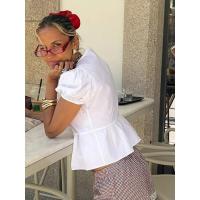 Rockmoer-Blusa Kawaii Peplum para mujer, blusas blancas de verano con mangas cortas con lazo y cuello en V, paridad frontal, campaña - details 3