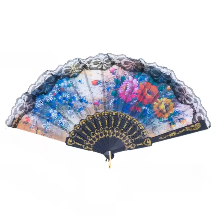 12 abanicos de mano con adornos negros, abanico plegable floral retro, abanico plegable de estilo chino de verano, adecuado para mujeres, actuaciones de danza y accesorios de fotografía - 1