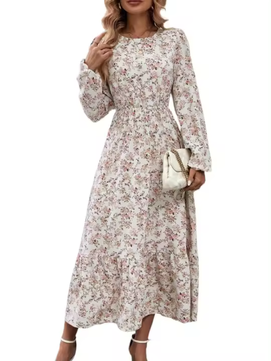 Vestido largo de manga larga con cuello redondo para mujer, elegante, Floral, Retro, a la moda, nuevo - 1