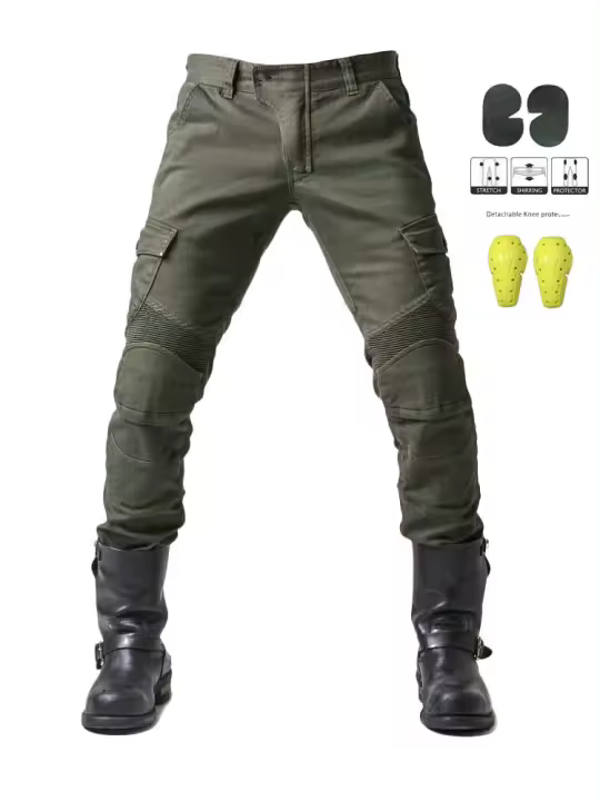 Pantalones genuinos de ciclismo para hombre, pantalones de verano para motocicleta, locomotora, anticaída, equipo de caballero, cuatro estaciones, elásticos, denim, verde militar, pantalones de carreras - 1
