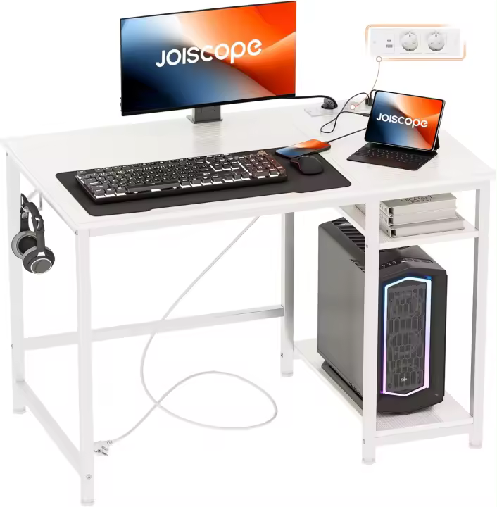 Escritorio Ordenador con Puerto de Carga USB y Tipo-C y 2 Tomas de Corriente,Escritorio de Estudio y Juego que Ahorra Espacio con Gancho y Estante de Almacenamiento de 2 Niveles,120x75cm,Blanco - 1