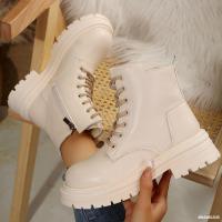 Botas de moto de cuero Pu para mujer, botas de tobillo cálidas con cordones de felpa, tacón plano beige negro, botas de algodón antideslizantes, invierno - details 11