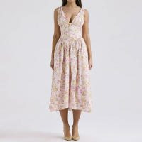 2025 novedad de verano para mujer estilo temperamento viajero Color sólido cuello en V falda con tirantes vestido de longitud media - details 8