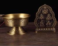 Estilo tibetano de cobre puro que ofrece el antiguo Dios de la riqueza de cinco caminos dorado, adorno de taza de plato de agua - details 7
