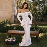 BUNO-Oligai elegante vestido ajustado con hombros descubiertos 2025 nuevo en blanco vestido largo de encaje con mangas acampanadas vestido de invitados de boda para mujer - details 14