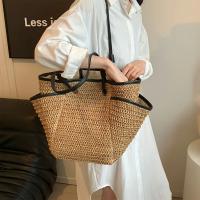 Bolso de mano de paja elegante para mujer: bolso de hombro convertible grande con cierre de cremallera y estilo minimalista beige y negro para la playa, camping, desplazamientos y viajes - details 5