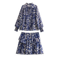 Conjuntos de Falda de Verano para Mujer OUWU Camisa de Manga Larga con Cuello de Lazo, Tops, Minifaldas Acampanadas, Estilo Vintage - details 2