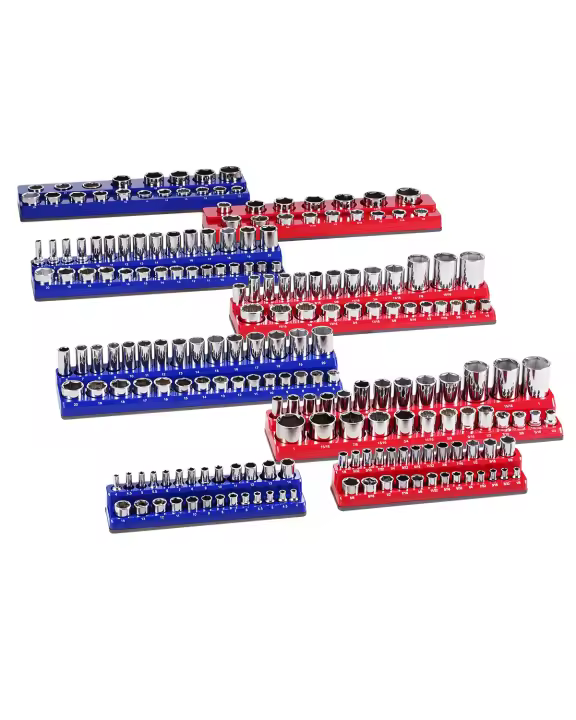 SucceBuy Juego de organizadores de enchufes magnéticos 8 piezas 1/4'', 3/8'', 1/2'' bandejas métricas SAE, capacidad para hasta 199 enchufes, azul y rojo (enchufes no incluidos) - 1