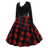Women plaid print long sleeve vintage a line party dress v neck - details 6