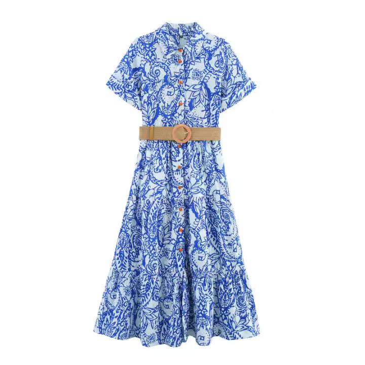 BUNO-2025 nuevo diseño elegante e informal para mujer con estilo europeo y americano, cinturón con vestido estilo camisa con estampado hueco - 1
