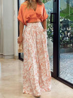 Women casual 2 pieces set elegant v neck short sleeve tops and print wide leg pants - details 5
