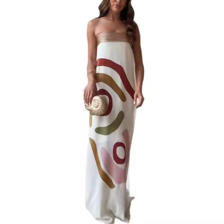BUNO-Nuevo vestido suelto elegante con hombros descubiertos, vestido de noche estampado con patrón satinado para mujer, vestido recto de cintura alta sin tirantes a la moda - 1