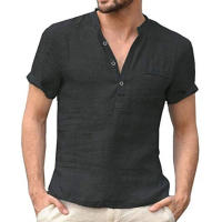 Camisetas informales de lino y algodón para hombre, camisas transpirables de manga corta con cuello en V y botones, S-5XL - details 4