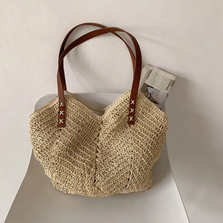 Bolso de mano de paja de gran capacidad para Mujer, Bolso de hombre, informal, de viaje, de mimbre, para Playa y Verano - 1