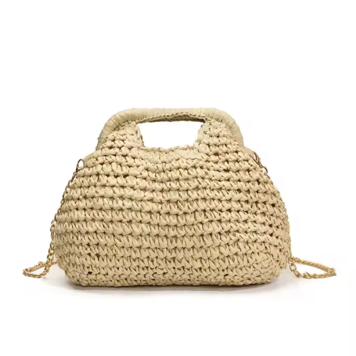 Elegante bolso de paja con cadena tejida de verano, bolso de hombro de paja informal bohemio para mujer, bolso de cubo informal para playa - 1