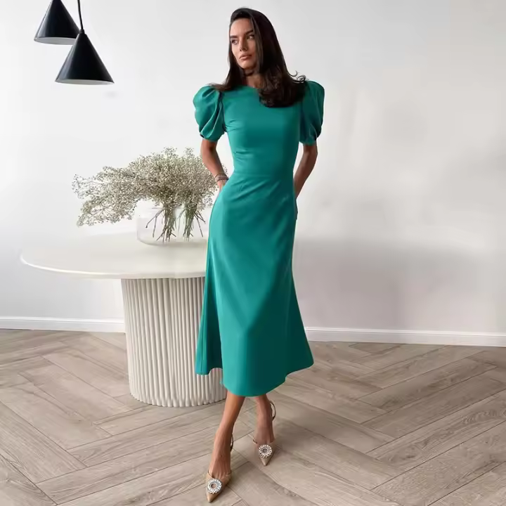 Elegante Vestido Corto de Verano 2025 Cuello Redondo, Manga de Burbuja, Cinturón Largo y Adelgazante - 1