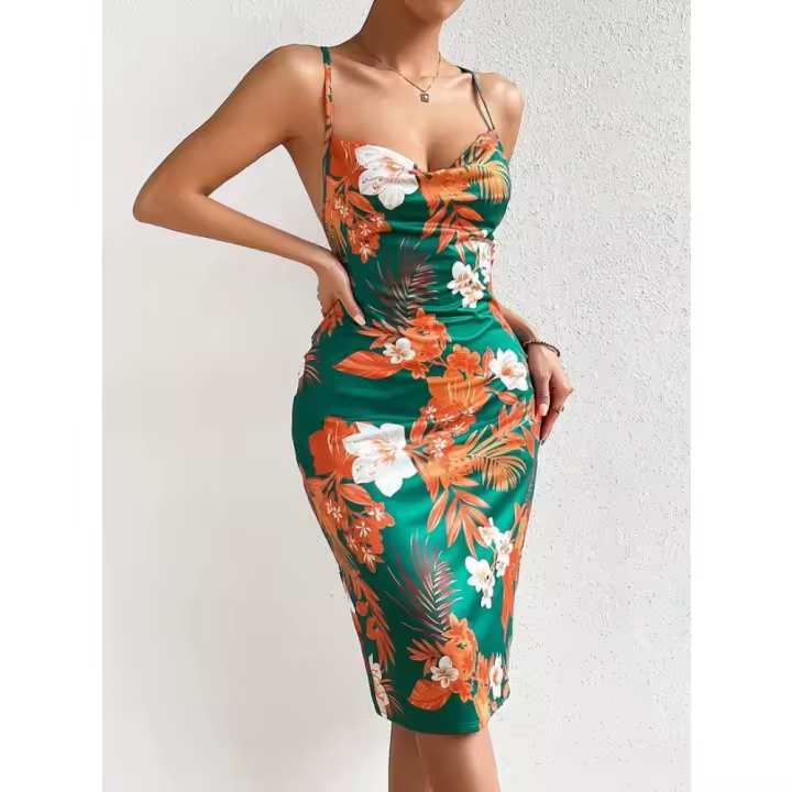 Nuevo vestido de tirantes medio y largo con estampado de abertura lateral para mujer - 1