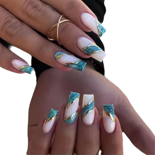 Uñas Postizas de Mármol 24 uñas largas, Adhesivas, Verdes Blancas con Pegamento, Extraíbles, Accesorios para Decoración de Uñas para Mujeres y Niñas - 1