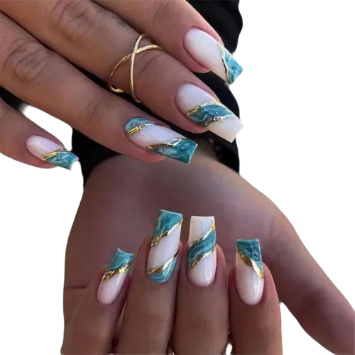 Uñas Postizas de Mármol 24 uñas largas, Adhesivas, Verdes Blancas con Pegamento, Extraíbles, Accesorios para Decoración de Uñas para Mujeres y Niñas - 1