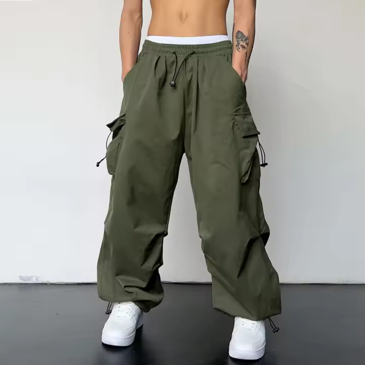 Pantalones Cargo de gran tamaño para hombre, ropa de calle Vintage, pantalones holgados de pierna ancha, pantalones de paracaídas informales para hombre - 1