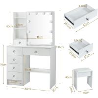 Tocador De Maquillaje con Espejo y 10 Bombillas Led Luz Regulable, Tocador Blanco con Brillo Ajustable, Tocador De Dormitorio con Taburete 6 Cajones, 3 Estantes y 3 Estantes Ocultos - details 4