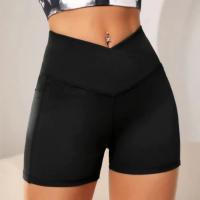Pantalones cortos de yoga de cintura alta para mujer, pantalones cortos de yoga suaves de cintura cruzada, pantalones cortos deportivos de yoga de color puro de tela de poliéster - details 3