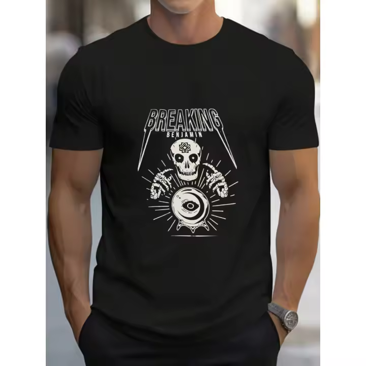 Camiseta gráfica Breaking Benjamin Skull & Lightning Bolt - Algodón pesado, perfecta para actividades al aire libre y atuendo casual - 1