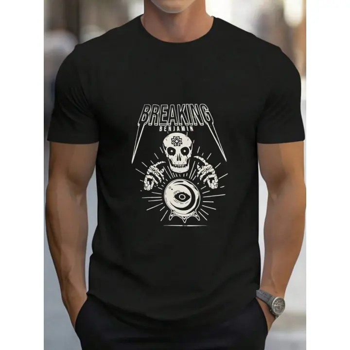 Camiseta gráfica Breaking Benjamin Skull & Lightning Bolt - Algodón pesado, perfecta para actividades al aire libre y atuendo casual - 1