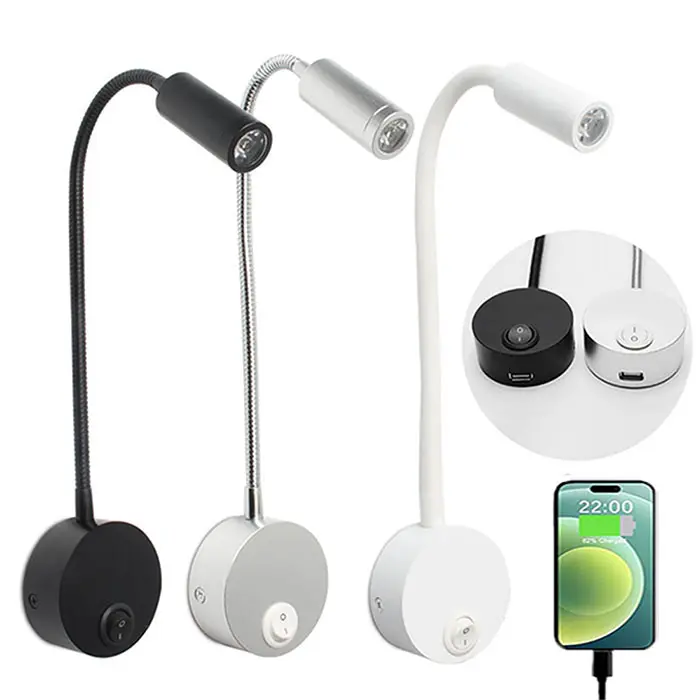 Luz de lectura de montaje en pared con puerto de carga USB, interruptor de mesita de noche LED, lámpara de pared con cuello de cisne Flexible, negro, plateado, blanco, 4000K, 3W - 1