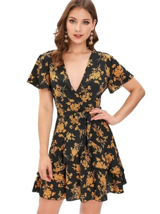 Vestido corto Floral con cuello en V para mujer, minivestido Kpop de flores, moda coreana, vestidos de manga larga con curvas, Vintage, elegante, lujo, Thic X - 1