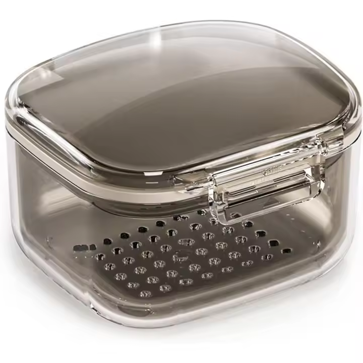 Estuche de baño multiusos para dentaduras postizas con cesta de colador, taza de soporte para dentaduras postizas de tres capas para limpiar y remojar, caja de retenedor de ortodoncia - 1