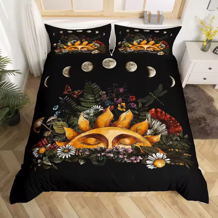 Juego de funda nórdica de 3 piezas con diseño de setas salvajes, juego de cama con plantas color burdeos para niños, funda de edredón de poliéster suave, tamaño King Queen con funda de almohada - 1