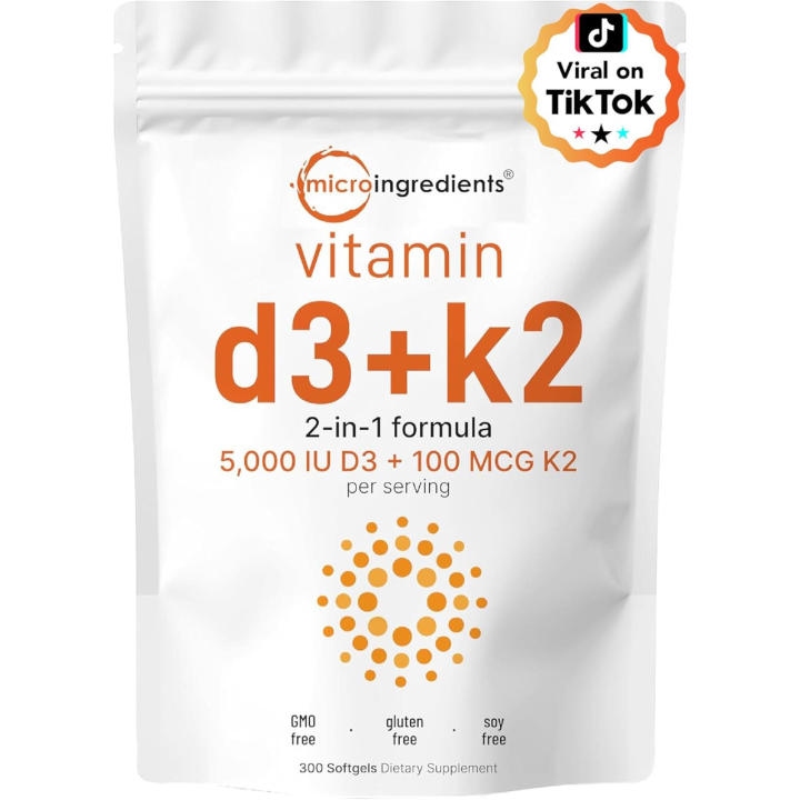 Micro Ingredients Vitamin D3 5,000 IU + K2 MK-7 100 mcg, 300 Softgels 2-in-1 Vitamins D & K Complex | Extra Strength, Easy to
