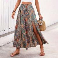 Falda larga étnica personalizada con estampado de abertura A-e para primavera y verano, falda larga estilo bohemio de vacaciones a la moda para mujer - details 1