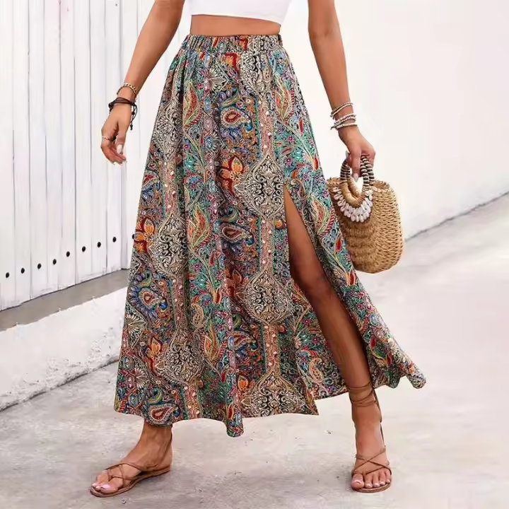 Falda larga étnica personalizada con estampado de abertura A-e para primavera y verano, falda larga estilo bohemio de vacaciones a la moda para mujer - 1